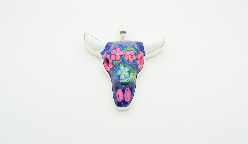 Hand Painted Ceramic Cow Skull Pendant